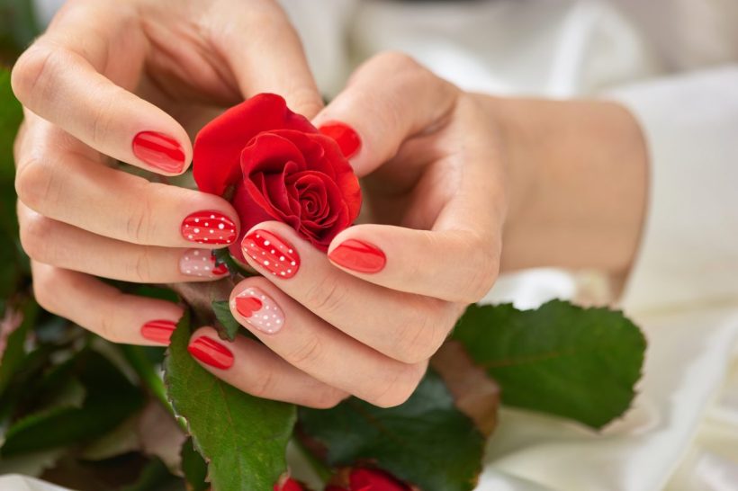 Re rose in beautiful female hands. Young woman hands with manicured nails holding beautiful red rose. Red manicure and red rose in hands.
